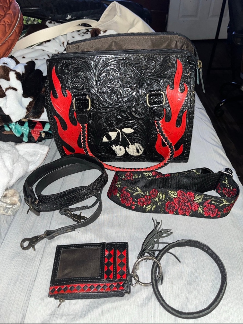 American Darling Black Leather Crossbody with Red Flame Appliqués